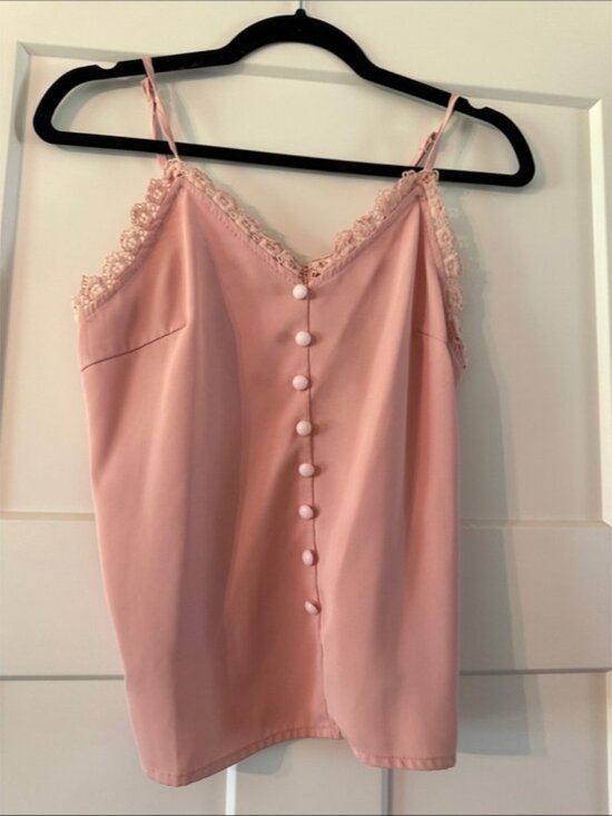 Tops - Pink Lace Trim Button-Front Cami Top